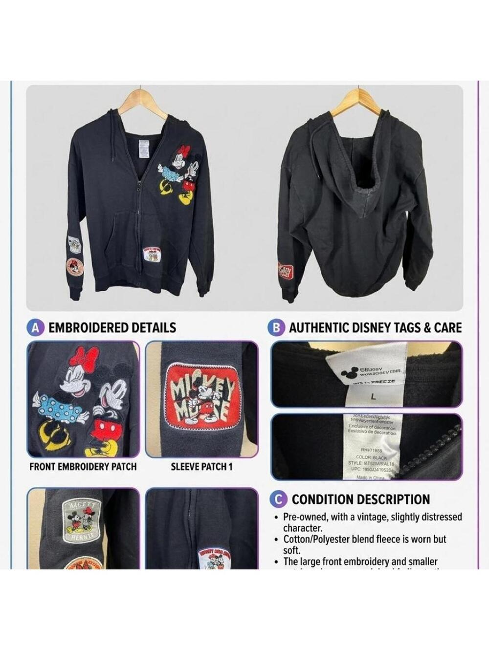 Disney Mickey & Minnie Full Zip Hoodie Black Large Y2K Style